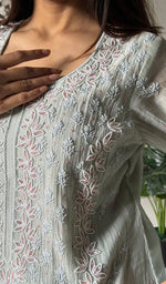 Load image into Gallery viewer, Saziya Women's Lakhnavi Handcrafted Mul Chanderi Chikankari Stitched Kurta, Dupatta And Pant Set - HONC0324263