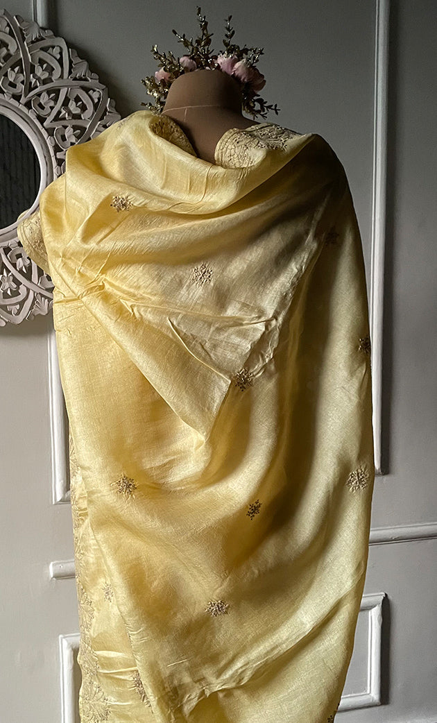 Women's Lakhnavi Handcrafted Tussar Silk Chikankari Saree - HONC0284145