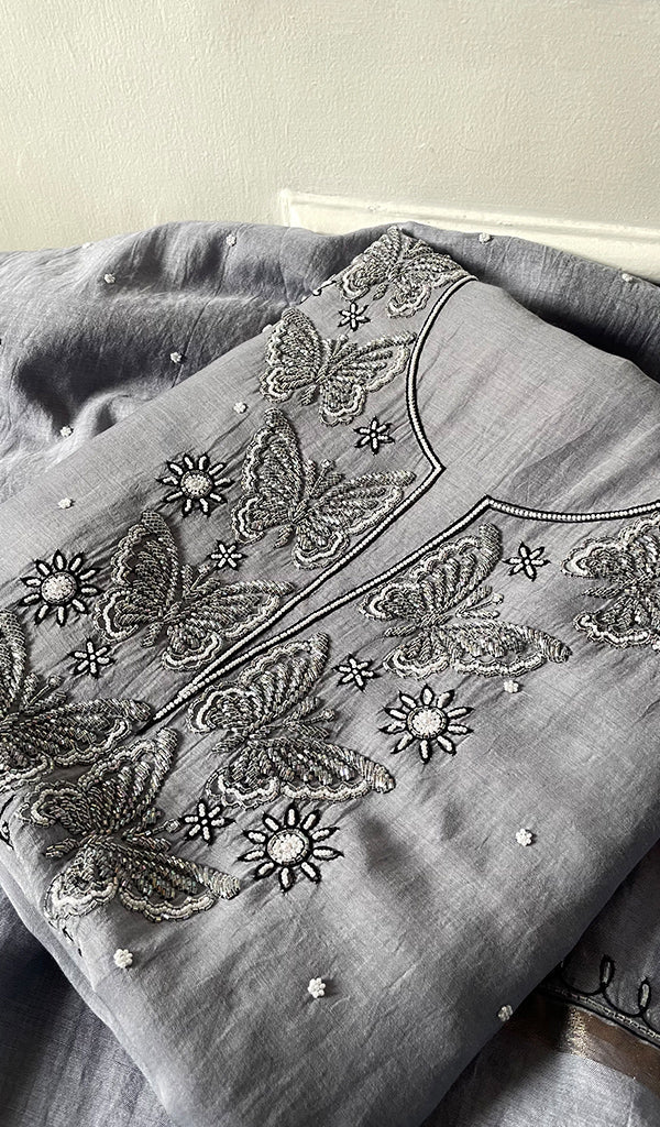 Women's Lakhnavi Handcrafted Unstitchd Mul Chanderi Kurta And Dupatta Set - HONC0330022