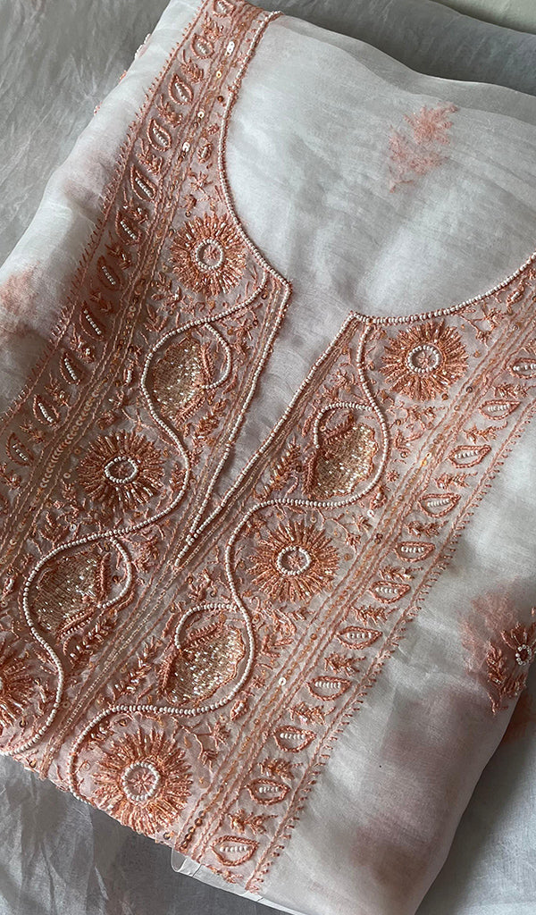 Women's Lakhnavi Handcrafted Pure Organza Chikankari Unstitched Kurta And Dupatta Set- HONC0270074