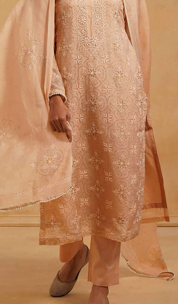 Women's Lucknowi Handcrafted Pure Organza Silk Stitched Chikankari Kurta, Dupatta With Pant Set- HONC054558