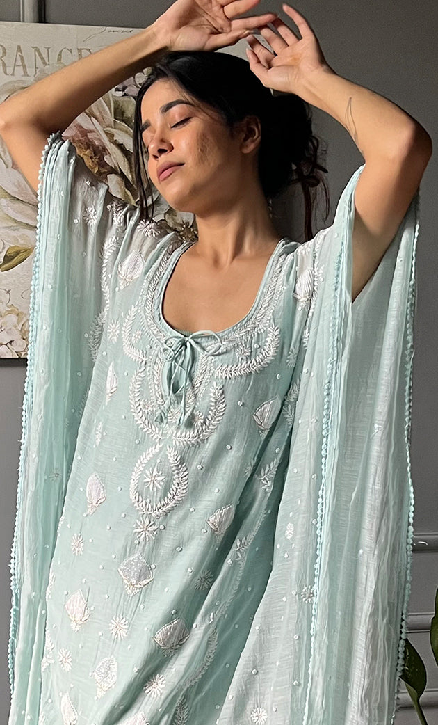 Rabia Women's Lucknowi Handcrafted Mul chanderi Chikankari Kaftan - HONC0304373