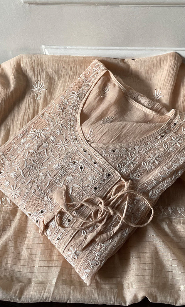 Women's Lakhnavi Handcrafted Mul Chanderi Semi - Stitched Kurta And Dupatta Set - HONC0284707