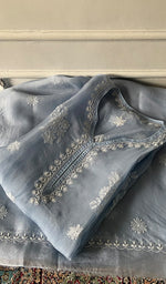 Load image into Gallery viewer, Women's Lakhnavi Handcrafted Pure Organza Chikankari Semi stitched Kurta And Dupatta Set- HONC0348612