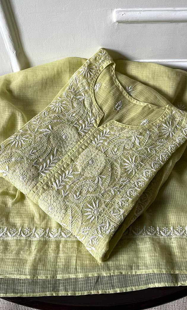 Women's Lakhnavi Handcrafted Kota Cotton Semi - Stitched Kurta And Dupatta Set- HONC0307251