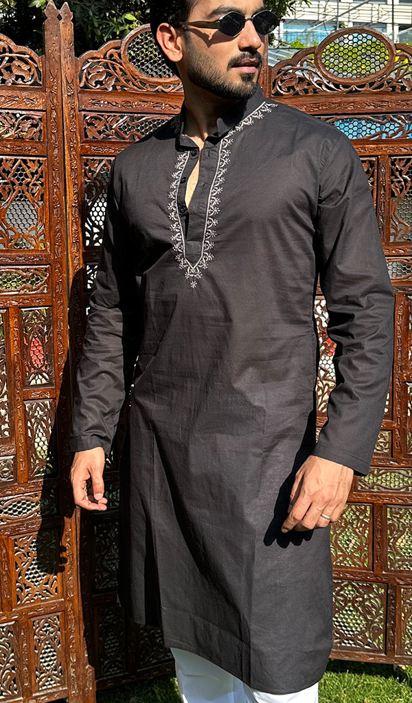 Men's Lucknowi Handcrafted Cotton Chikankari Kurta - HONC0341885