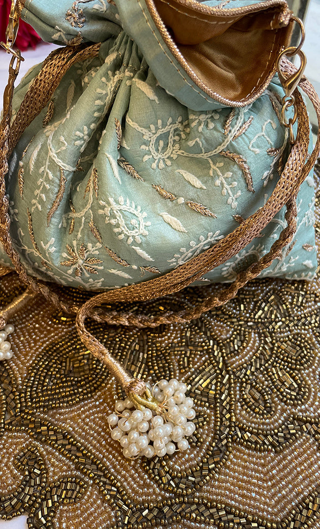 Green Chikankari Embroidered Potli Bag with White Bead Tassels - HONC0317196