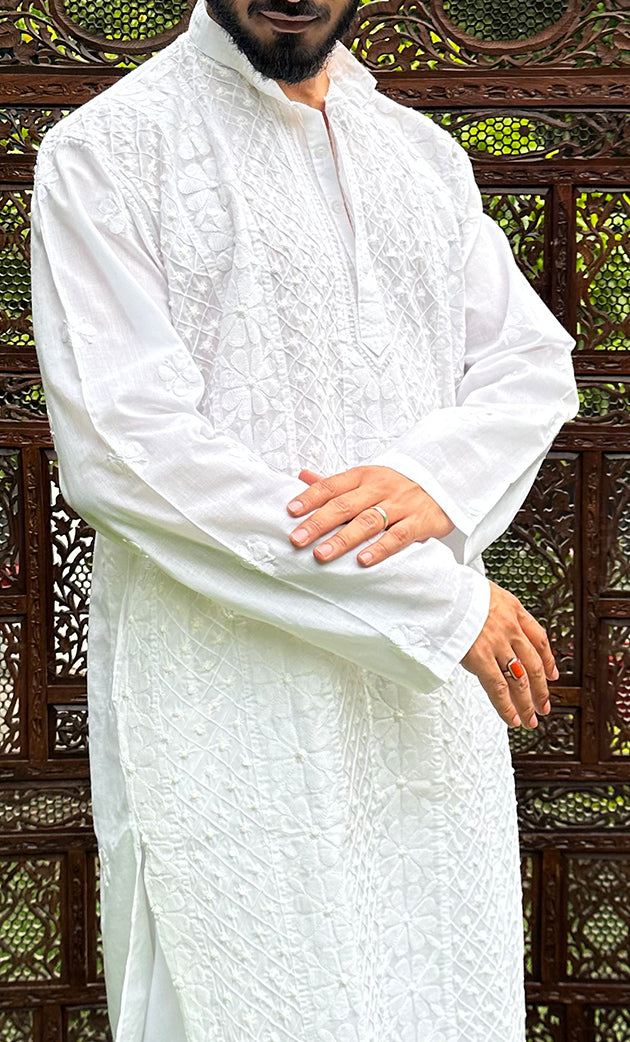 Men's Lucknowi Handcrafted Cotton Chikankari Kurta - HONC0295480