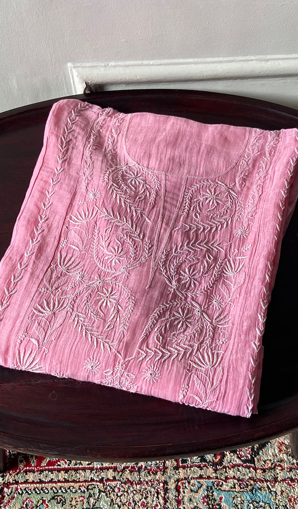 Women's Lakhnavi Handcrafted Mul Chanderi Chikankari Unstitched Kurti Fabric - HONC0311869