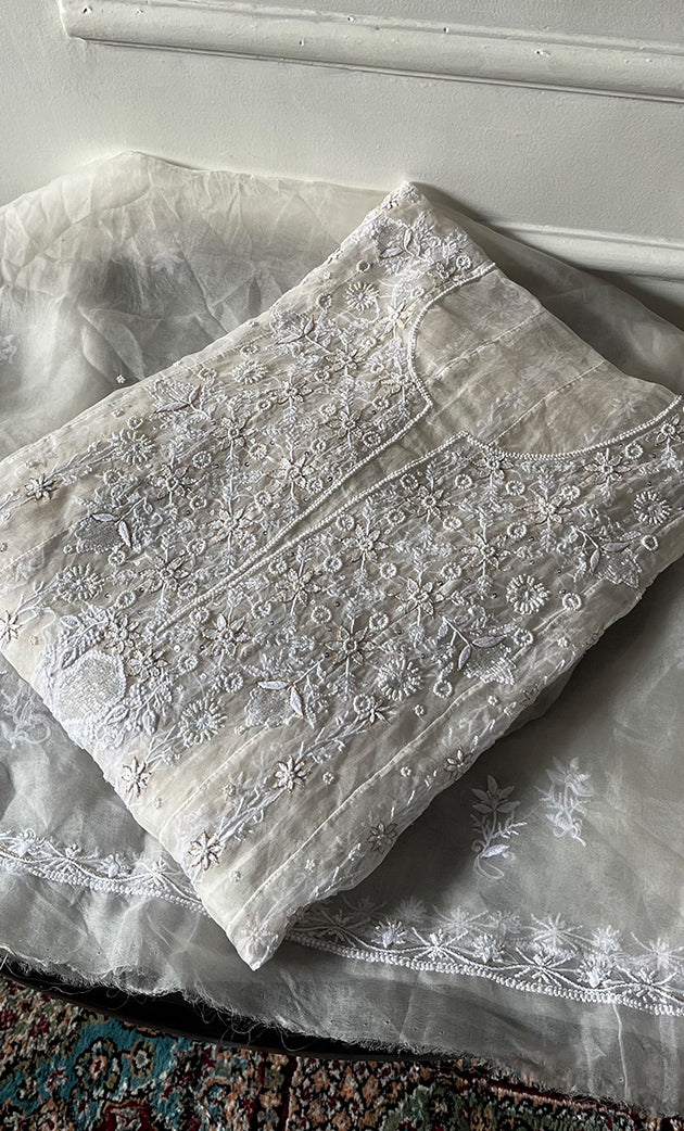 Women's Lakhnavi Handcrafted Pure Organza Chikankari Semi -stitched Anarkali And Dupatta Set - HONC0328513