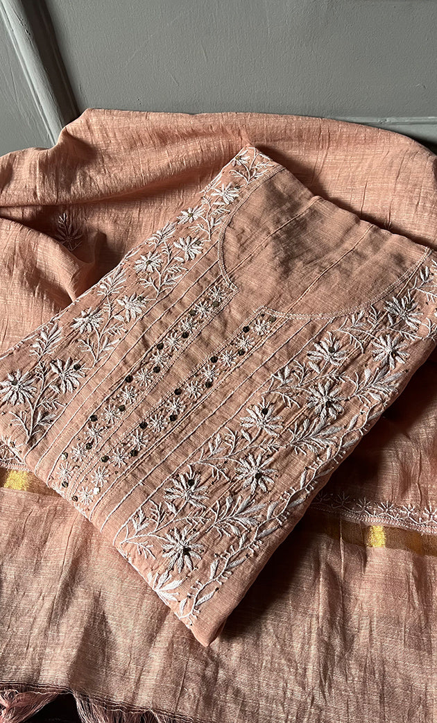 Women's Lakhnavi Handcrafted Linen Cotton Semi -Stitched Anarkali And Dupatta Set - HONC0273160