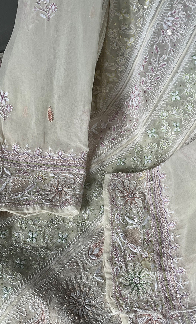 Women's Lakhnavi Handcrafted Pure Silk Georgette Chikankari Anarkali and Dupatta set - HONC0283158