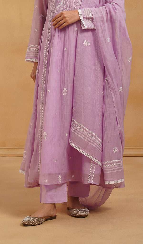 Women's Lakhnavi Handcrafted Mul Chanderi Chikankari Stitched Kurta, Dupatta And Pant Set - HONC0565464