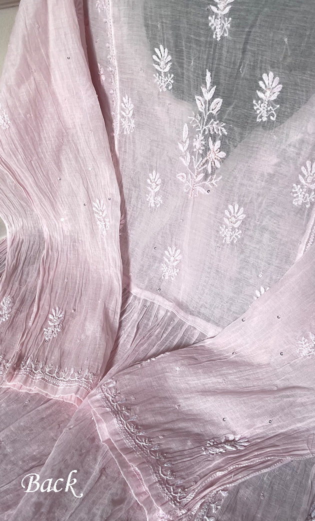 Women's Lakhnavi Handcrafted Mul Chanderi Semi - stitched Chikankari Full Suit Material - HONC0319559