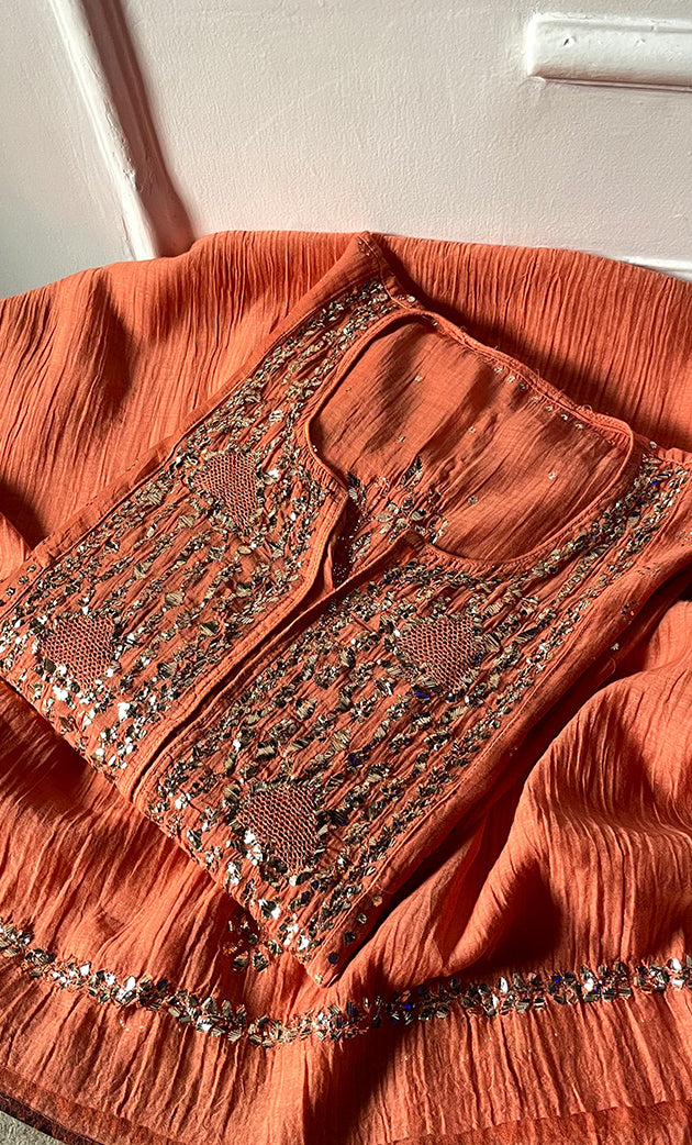 Women's Lakhnavi Handcrafted Mul Chanderi Semi-Stitched Kurta And Dupatta Set - HONC0323627