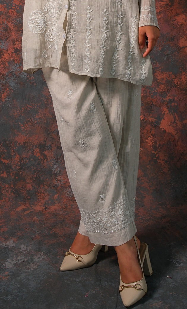 Women's Lakhnavi Handcrafted Tissue chanderi Chikankari Kurta And palazzo Set - HONC0322042