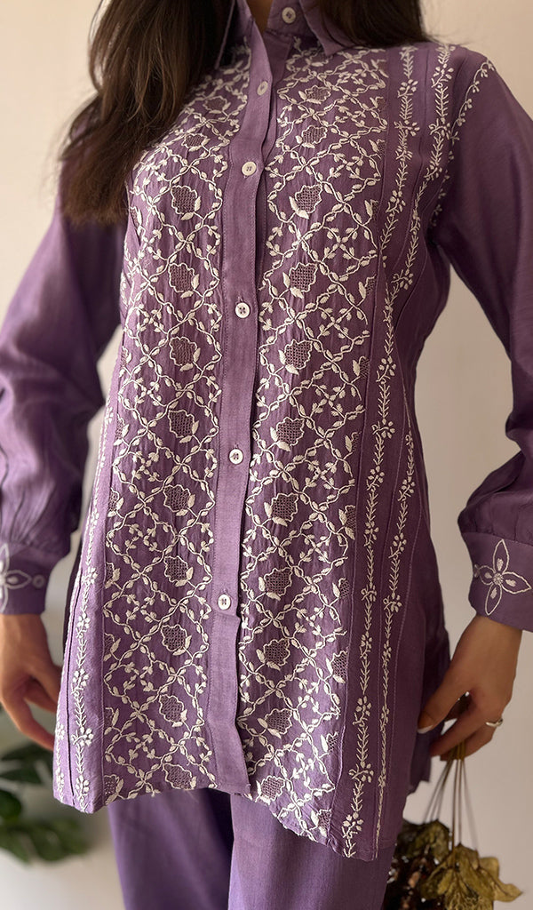 Sarah Women's Lakhnavi Handcrafted Chanderi Silk Chikankari Top And Pant Set - HONC0343880