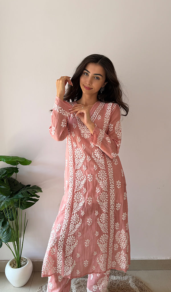 Women's Lucknowi Handcrafted Mul Chanderi Stitched Chikankari Kurta And Plazzo Set- HONC0378817