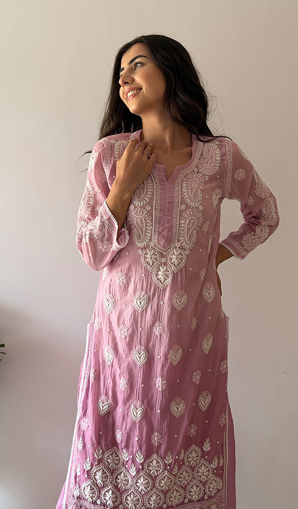 Women's Lucknowi Handcrafted Mul Chanderi Stitched Chikankari Kurta And Plazzo Set- HONC0379055
