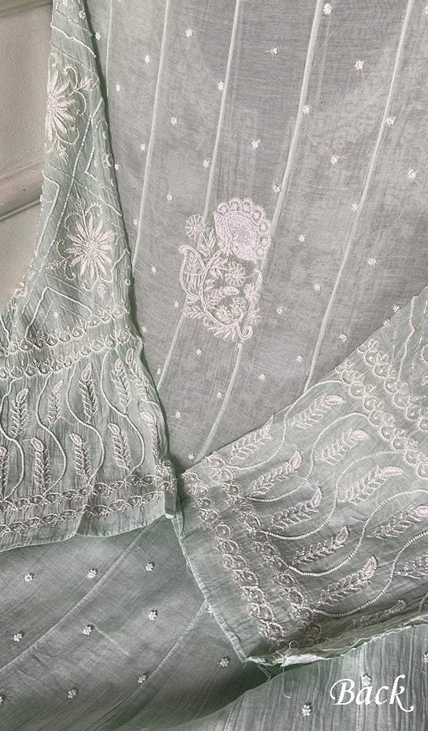 Basma Women's Lucknowi Handcrafted Mul Chanderi Semi - stitched Chikankari Anarkali Full Set - HONC0355636