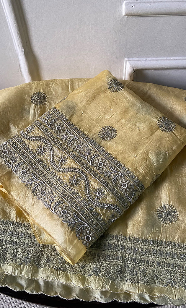 Women's Lakhnavi Handcrafted Tussar Silk Chikankari Kurta And Dupatta Set - HONC0314560