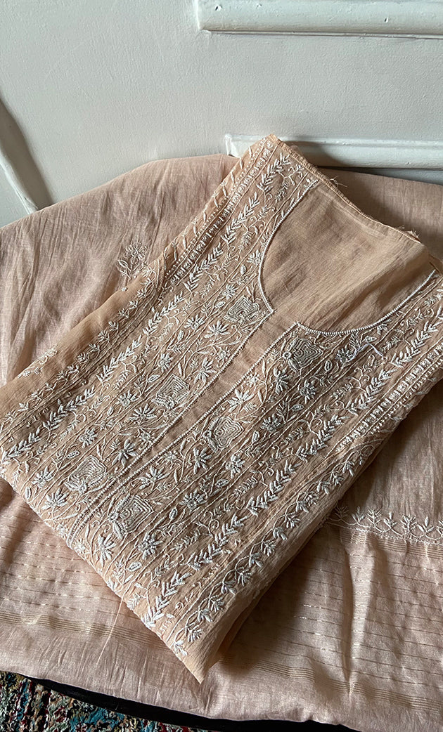 Women's Lakhnavi Handcrafted Mul Chanderi Semi - Stitched Kurta And Dupatta Set - HONC0295397