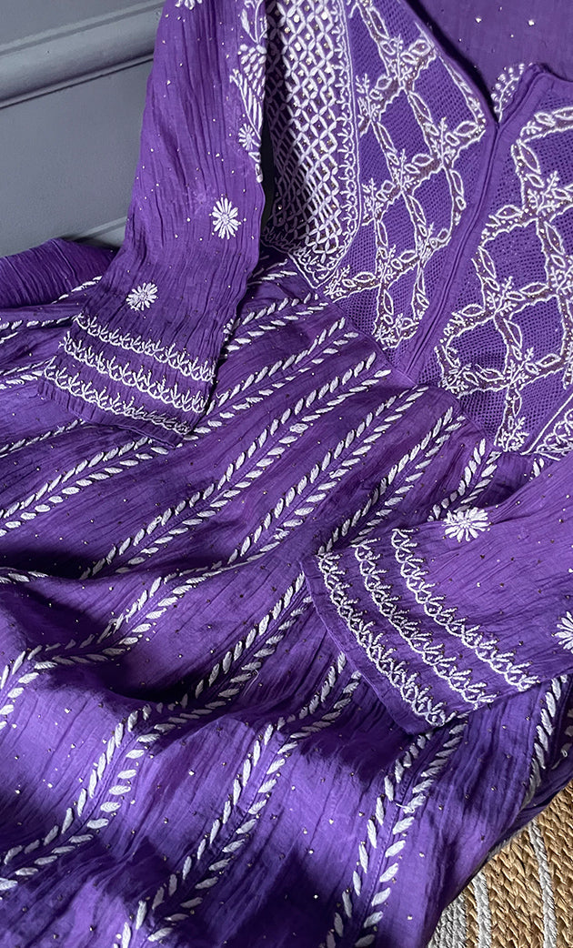 Women's Lakhnavi Handcrafted Mul Chanderi Chikankari Kurta, Dupatta ,Matching Slip And Pant Set - HONC0249449