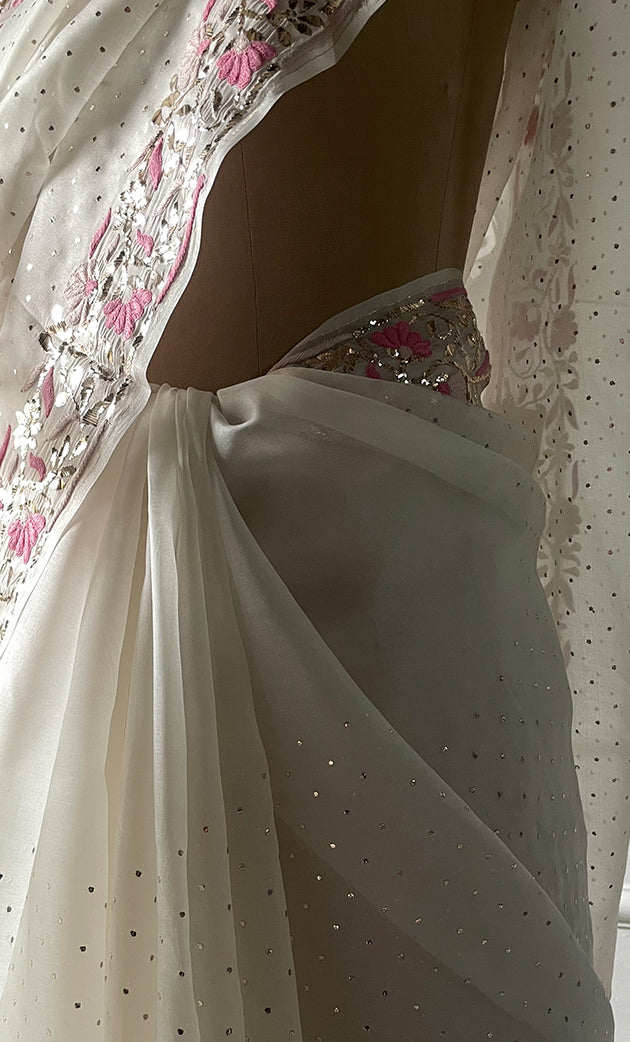 Women's Lucknowi Handcrafted Pure Organza Silk Chikankari Saree - HONC0329246