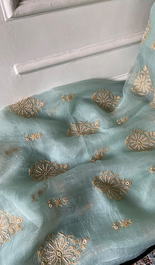 Mayuri Women's Lakhnavi Handcrafted Pure Organza Silk Chikankari Unstitched Full Suit Material - HONC0351132
