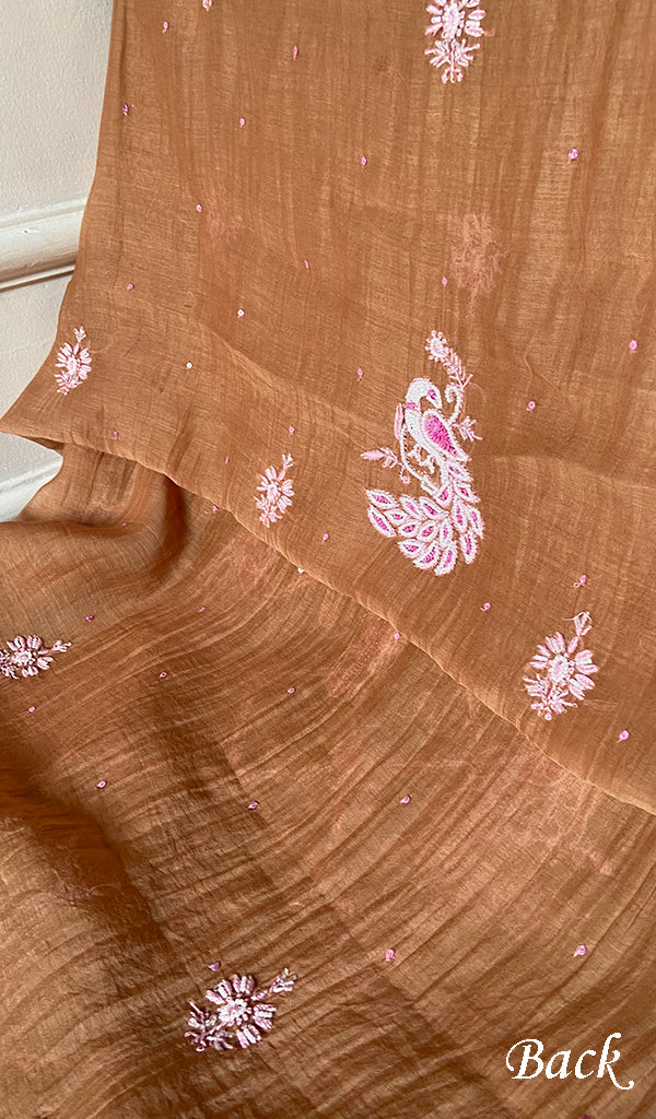 Women's Lakhnavi Handcrafted Mul Chanderi Unstitched Chikankari Full Suit Material - HONC0300387