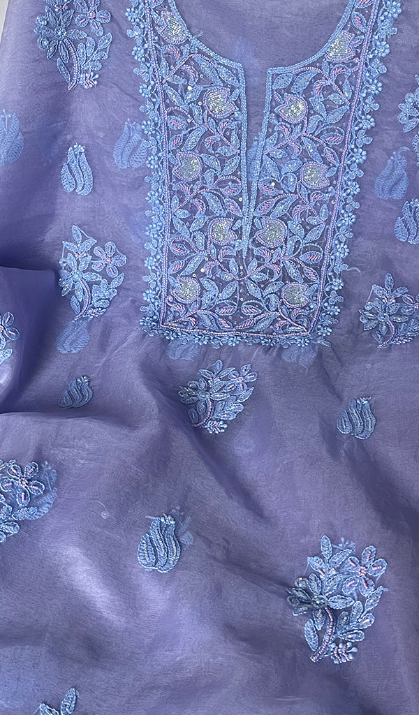 Women's Lakhnavi Handcrafted Organza Chikankari Unstitched Full Suit Material - HONC0250868