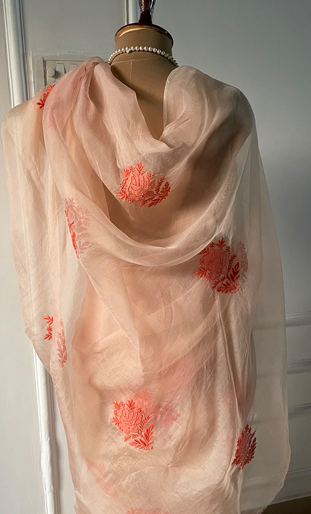 Women's Lucknowi Handcrafted Pure Organza Silk Chikankari Saree - HONC0294647