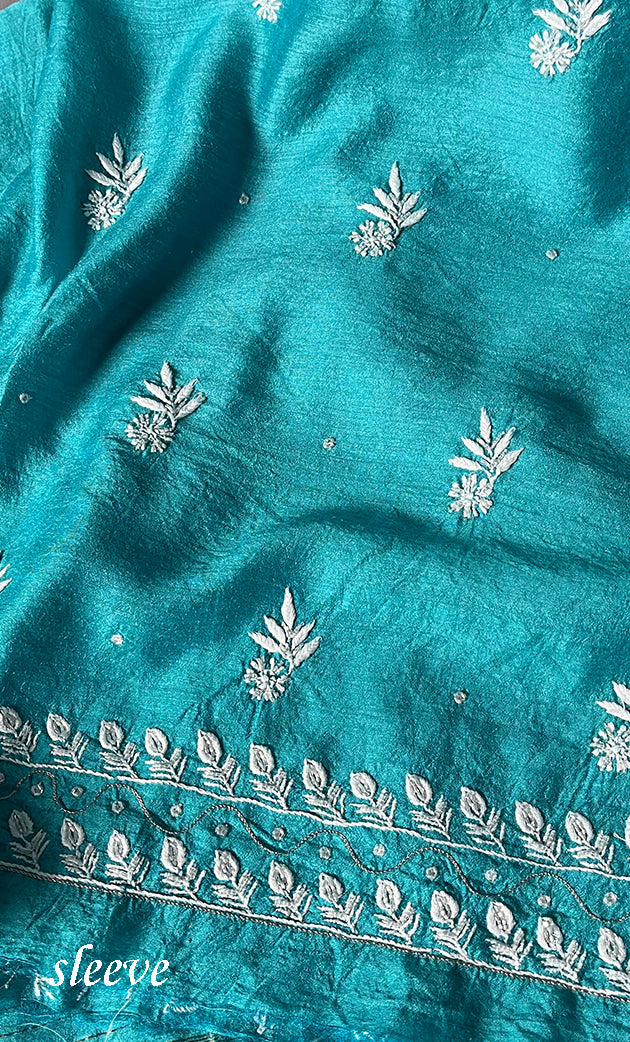 Women's Lakhnavi Handcrafted Munga Silk Chikankari Kurta And Dupatta Set- HONC0279953