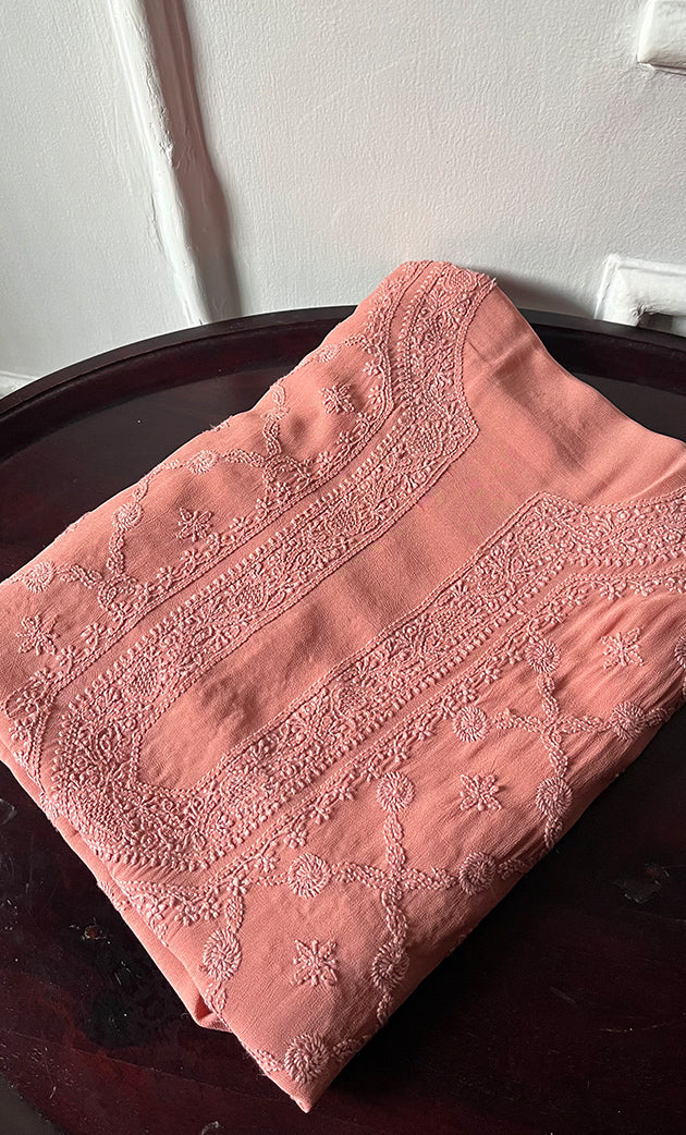 Lucknowi Handcrafted Viscose Georgette Chikankari Unstitched Men's Kurta Fabric - HONC0282443