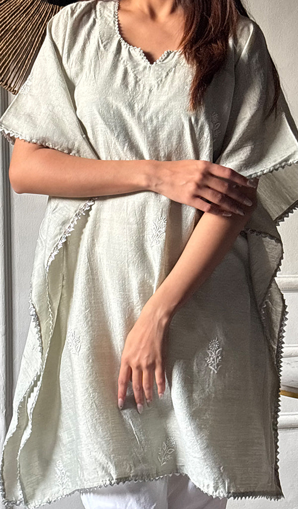 Women's Lucknowi Handcrafted Munga silk Chikankari Kaftan - HONC0316125