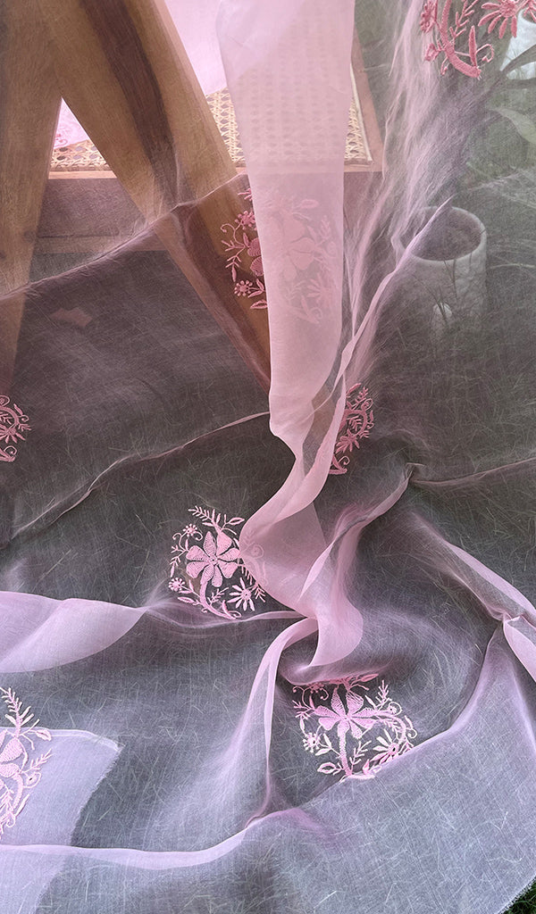 Women's Lucknowi Handcrafted Pure Organza Silk Chikankari SAREE - HONC0267030
