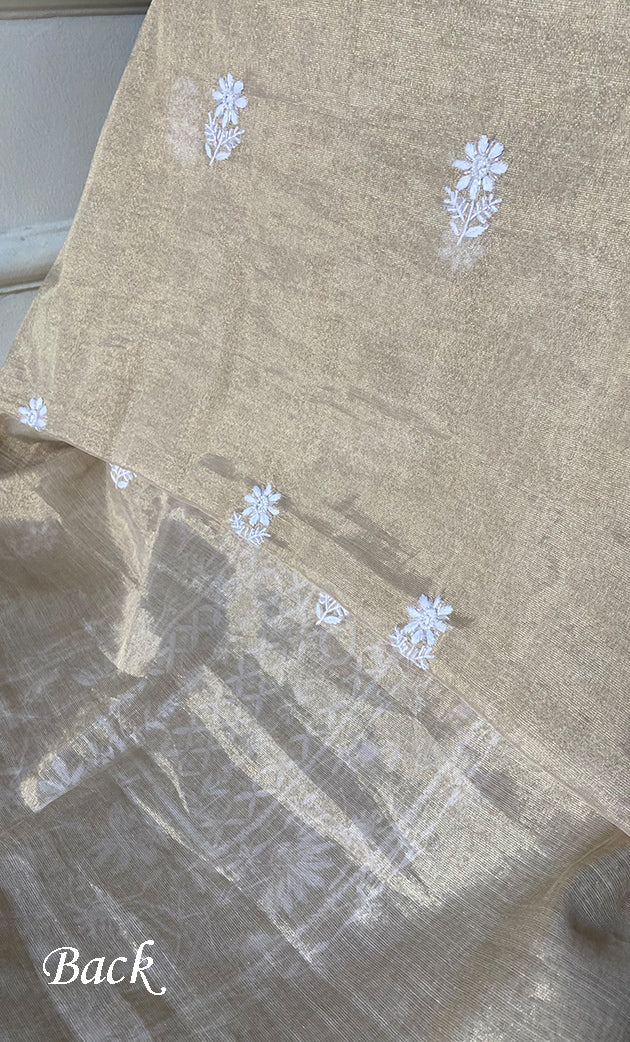 Women's Lakhnavi Handcrafted Tissue Chanderi Unstitched Chikankari Kurta And Dupatta Set - HONC0332073
