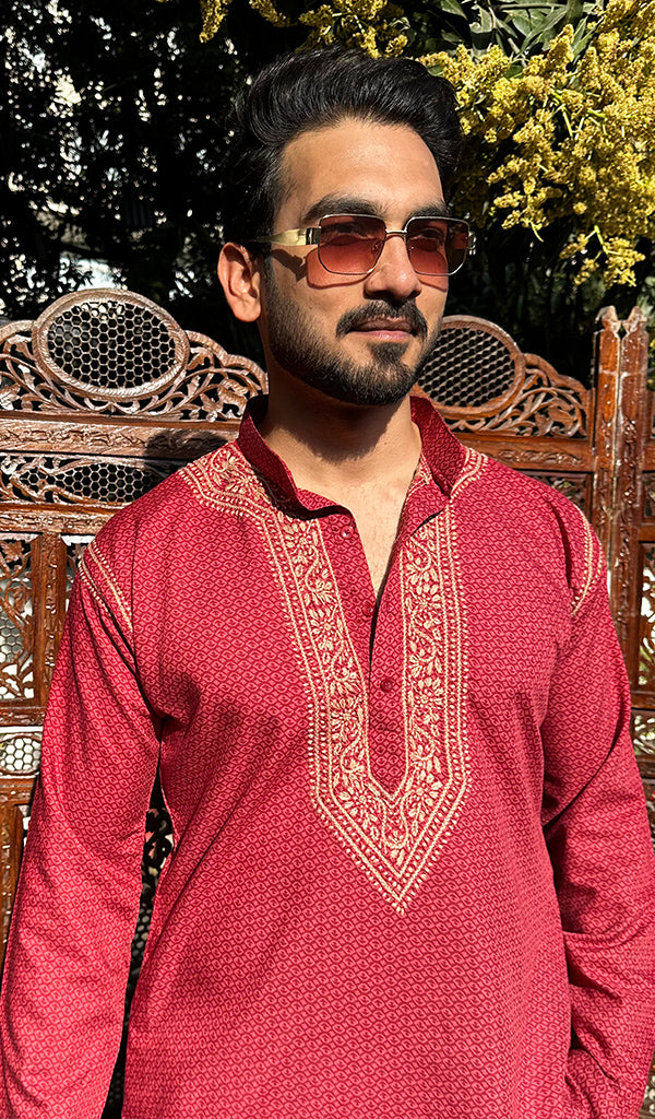 Men's Lucknowi Handcrafted Cotton Chikankari Kurta - HONC0237353