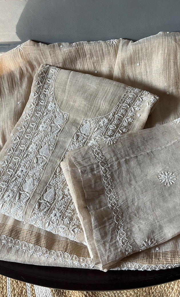 Women's Lakhnavi Handcrafted Tissue Chanderi Semi - Stitched Kurta , Dupatta And Pant set - HONC0285747