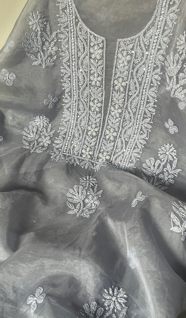 Women's Lakhnavi Handcrafted Organza Chikankari Unstitched Full Suit Material - HONC0250851