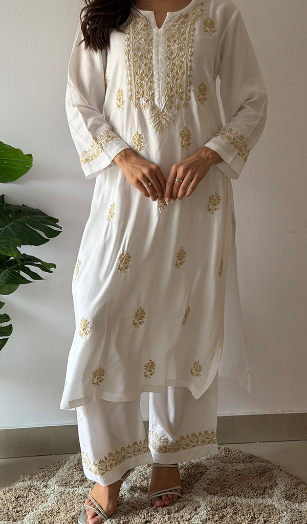 Women's Lakhnavi Handcrafted Modal Cotton Chikankari Kurti And Palazzo Set - HONC0378678