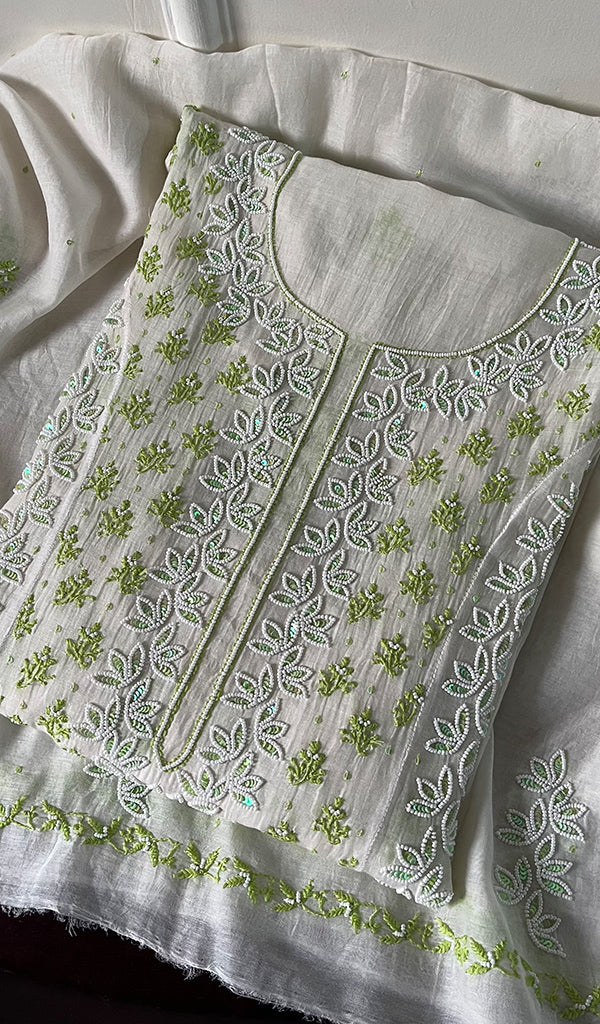 Saziya Women's Lakhnavi Handcrafted Mul Chanderi Semi - Stitched Kurta And Dupatta Set - HONC0277076