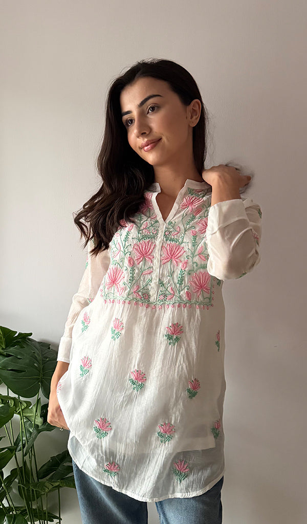 Women's Lakhnavi Handcrafted Mul Chanderi Chikankari Top - HONC0372703
