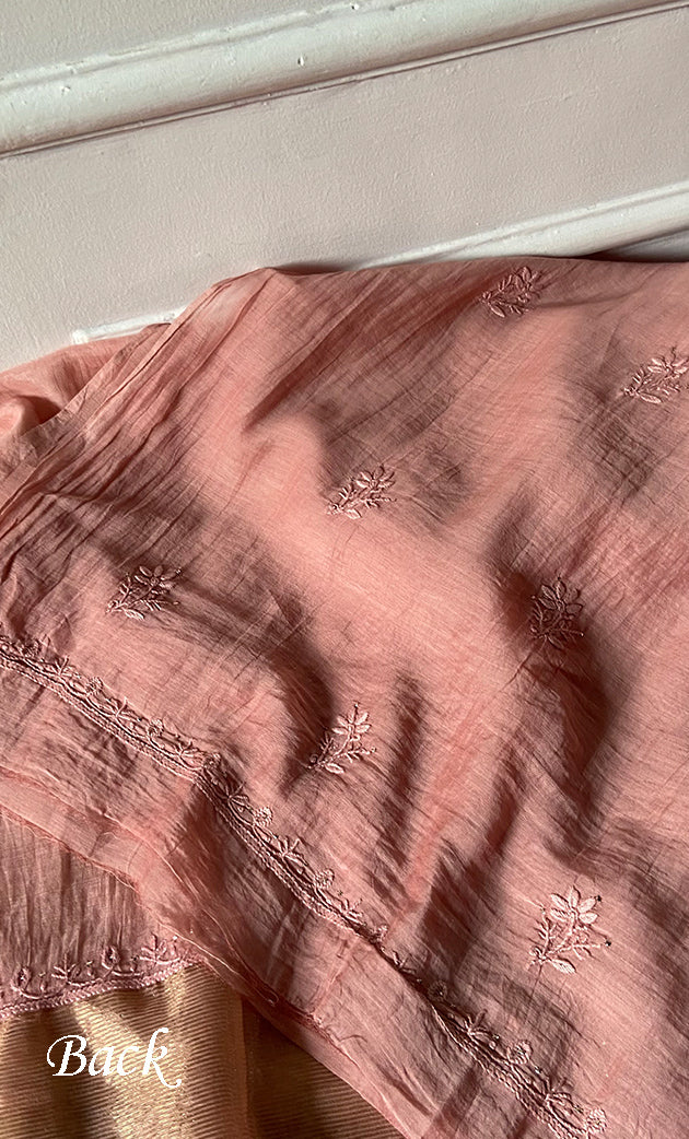 Women's Lakhnavi Handcrafted Mul Chanderi Unstitched Chikankari Full Suit Material - HONC0324500