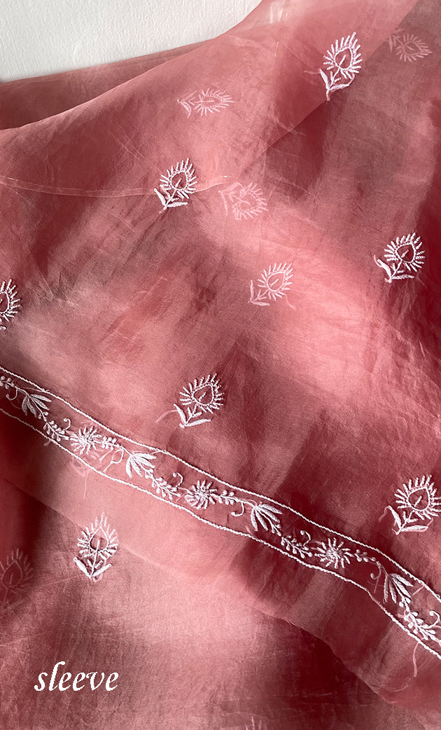 Women's Lakhnavi Handcrafted Pure Organza Chikankari Unstitched Kurta And Dupatta Set- HONC031470