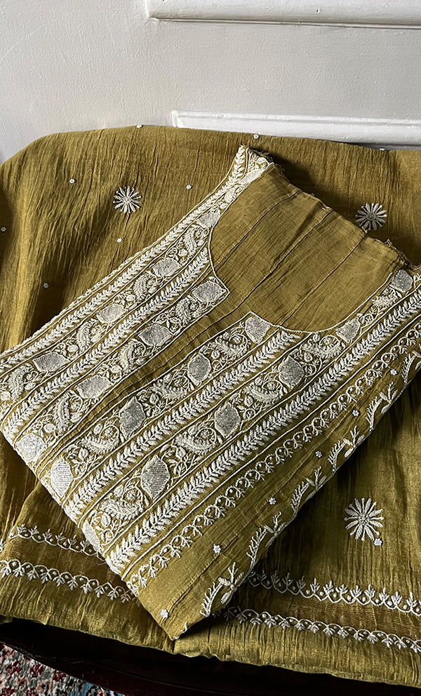 Women's Lucknowi Handcrafted Tissue Chanderi Semi - stitched  Chikankari Anarkali Full Set - HONC0322222