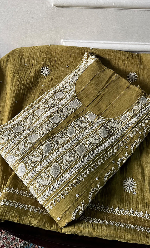 Women's Lucknowi Handcrafted Tissue Chanderi Semi - stitched  Chikankari Anarkali Full Set - HONC0322222