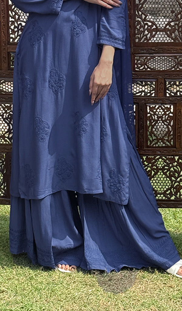 Women's Lakhnavi Handcrafted Modal Cotton Chikankari Kurta Dupatta And Palazzo Set - HONC0233466