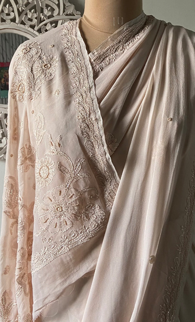 Women's Lakhnavi Handcrafted Viscose Georgette Chikankari Saree - HONC0329023