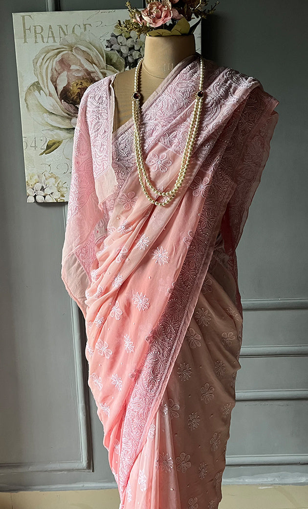 Women's Lakhnavi Handcrafted Pure Silk Georgette Chikankari - HONC0285571